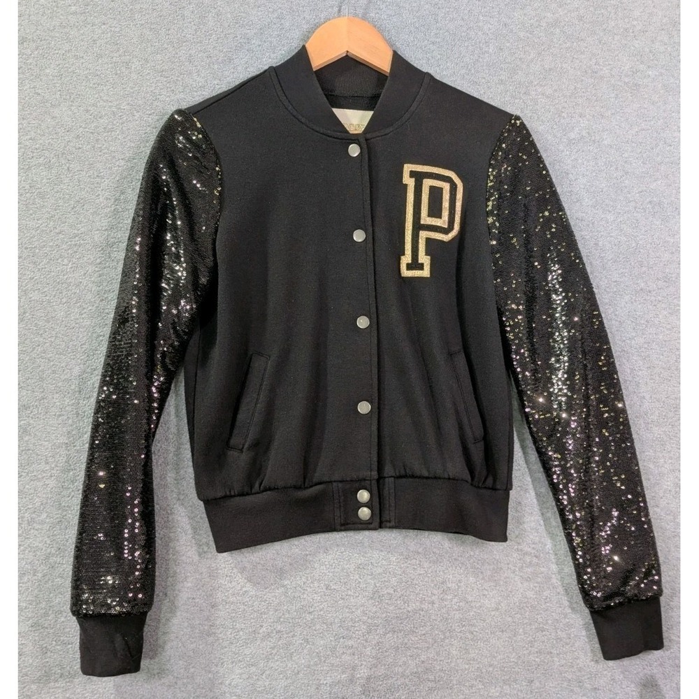 PINK Victoria's‎ Secret XS Black Varsity Jacket Sequin Sleeve Bomber